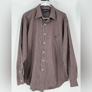 RALPH LAUREN BARTLETT BUTTON DOWN COTTON SAGE GREEN W/BRICK PLAID, WELL TAILORED